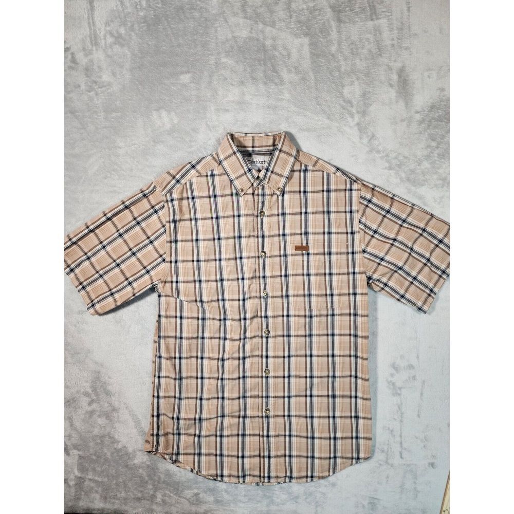 Carhartt Shirt Mens Small Tan Plaid Button Up Pocket Casual Cotton Pocket